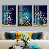 TPFLiving Luxus Poster Leinwand - Goldene Fische und Schmetterlinge auf blauem Hintergrund - 7 verschiedene Größen - Günstiges 3-er Set OHNE Rahmen - SET